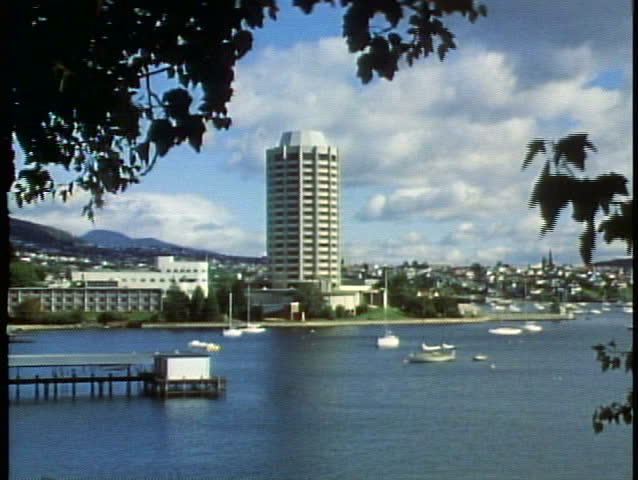 Tasmania, Casino, tower, frames in trees, sea around, Hobart, Australia