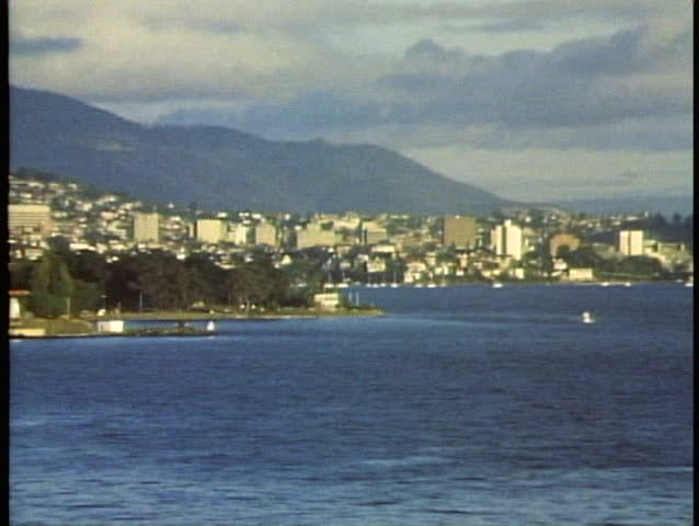 Hobart, Tasmania, wide shot, POV approaching, dawn light, sunrise