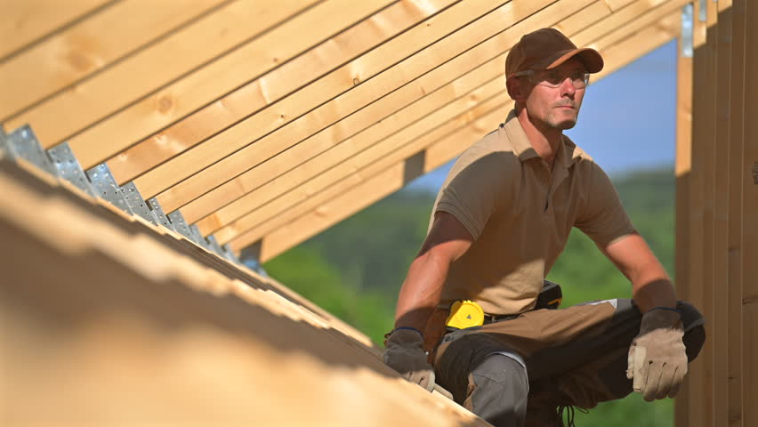 A worker carefully installs roofing materials at a construction site during the day. The sun illuminates the structure as the project progresses.
