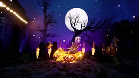 3D animated background for Halloween with a cartoon skeleton dancing near a DJ console in a cemetery, illuminated by concert lights. - Powered by Shutterstock - Get 15% off with code: PIKWIZARD15