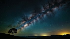 A vast expanse of desert or grassland under a spectacular night sky, where the Milky Way is clearly visible in the details of its gas and dust clouds. A distant orange glow illuminates the horizon, - Powered by Shutterstock - Get 15% off with code: PIKWIZARD15