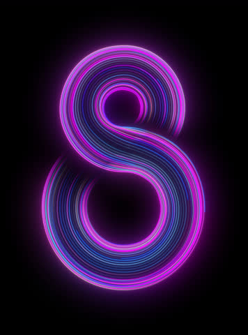 Blue and violet glowing number 8 appears with light sweep animation on transparent background with alpha channel part of a complete matching 0 to 9 neon number set ideal for tech intros digital