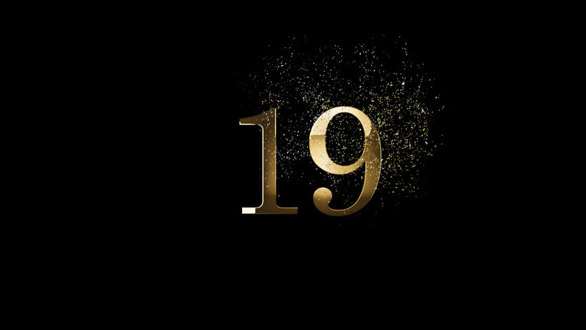 Golden number 19 with gold particles, alpha channel, golden numerology, golden number nineteen