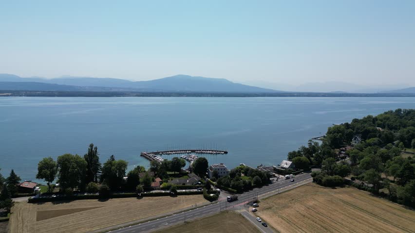Aerial view of marina on Lake Geneva, Switzerland.