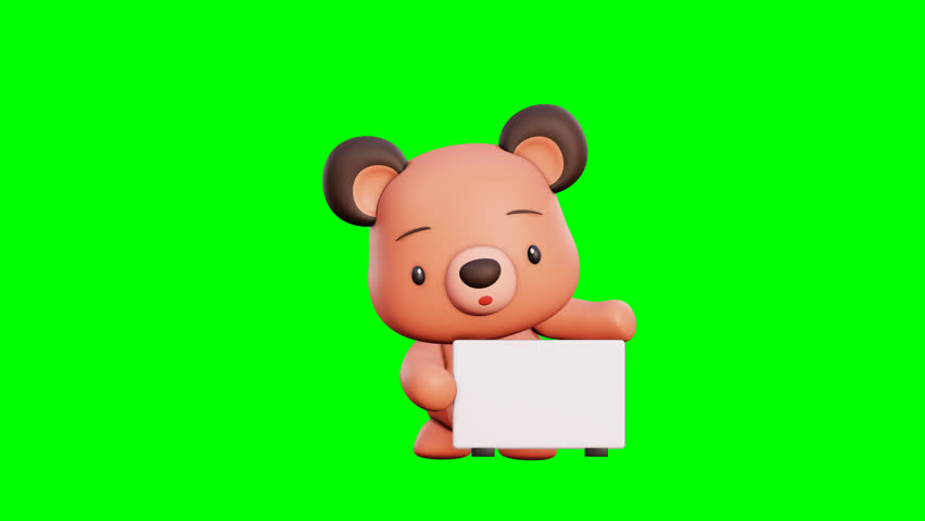 3D green screen animation of Teddyzo character showing a blank board for multipurpose digital content creation.