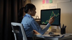Young businesswoman analyzing financial charts on computer screen, working late at night in office - Powered by Shutterstock - Get 15% off with code: PIKWIZARD15