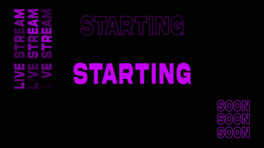 Live stream starting soon text animation in purple colours. Live broadcast intros or streaming countdown screens. looping video animation