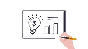 Whiteboard animation slide showing a lightbulb with a dollar sign, bar graph growth, and bullet points—visualizing financial ideas, business innovation, and strategic progress. - Powered by Shutterstock - Get 15% off with code: PIKWIZARD15
