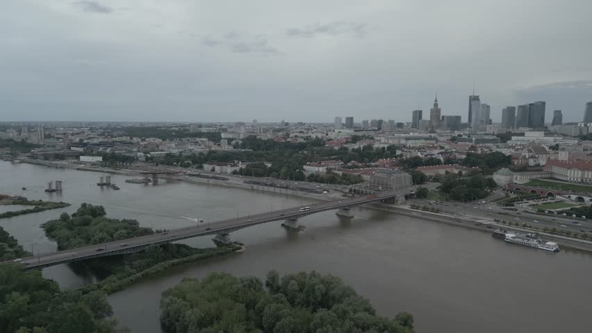 Aerial view of Vistula River and city skyline, Poland.