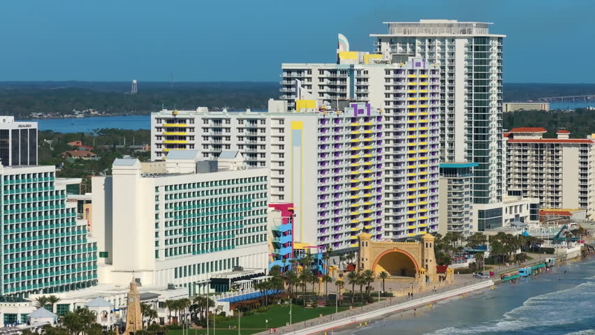 Aerial view of Florida city of Daytona Beach. Seaside condominiums and high-end hotels dominate the landscape of this southern USA tourist city.