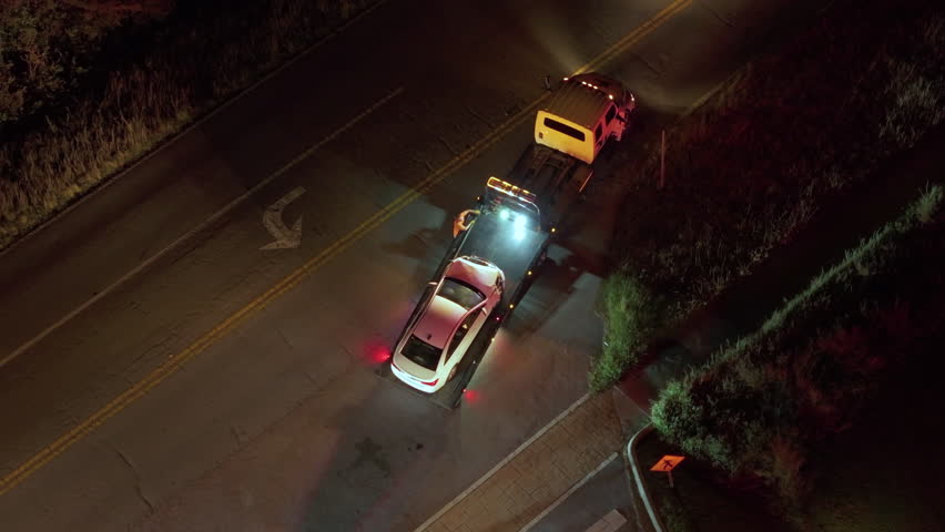 Tow truck hauling damaged car in traffic accident from crash site on American road.