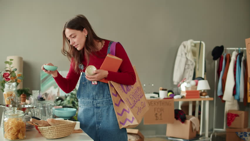 Young Woman Buying Used Second Hand Recycled Sustainable Kitchenware. Charity Shop and Garage Sale, Recycling Eco New Life, European Store. 