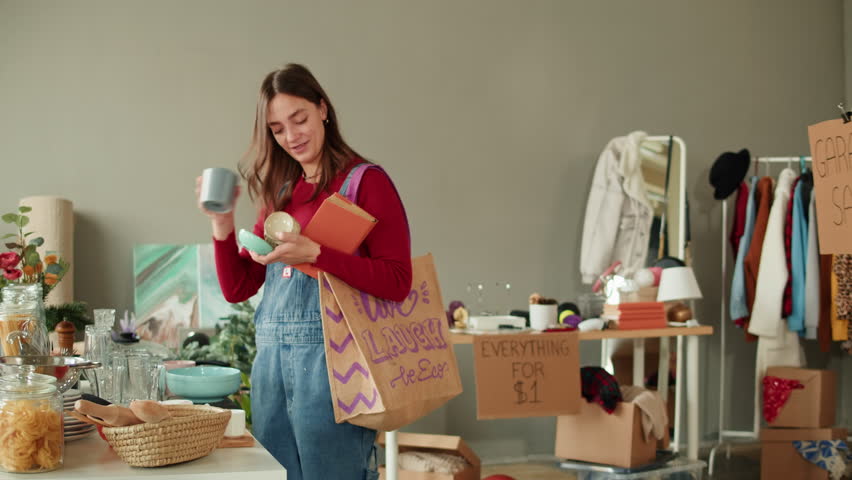 Young Woman Buying Used Second Hand Recycled Sustainable Kitchenware. Charity Shop and Garage Sale, Recycling Eco New Life, European Store. 