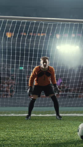 Vertical Shot of Soccer Player Taking Penalty Kick Against Goalkeeper