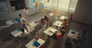 Female Teacher Finishing Lesson, Announcing the End of School Day to Diverse Kids. Elementary School Students Standing Up, Packing Their Backpacks and Leaving Modern School for Holidays. High Angle. - Powered by Shutterstock - Get 15% off with code: PIKWIZARD15