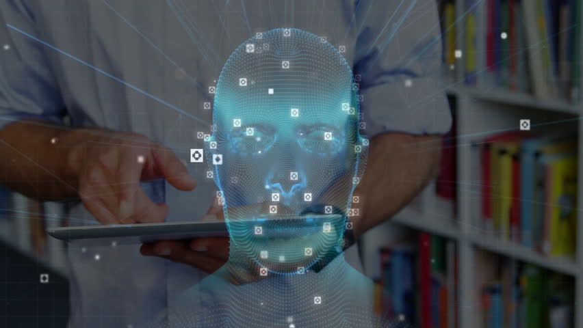 Mid adult man tapping tablet screen and generating 3D head mesh for technology projection. Holography, innovation, augmented reality, digital interface, immersive, futuristic, technology - Powered by Shutterstock - Get 15% off with code: PIKWIZARD15