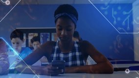 Girl tapping smartphone screen in classroom, sparking circuit mesh covering phones and laptop users. Technology, networking, digital, innovation, education, connectivity, modern - Powered by Shutterstock - Get 15% off with code: PIKWIZARD15