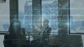 Woman tapping laptop starting hologram globe with colleague watching data display in business talk. Technology, innovation, spatial, enterprise, digital, corporate, networking - Powered by Shutterstock - Get 15% off with code: PIKWIZARD15