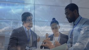 Team reviewing business proposal at table, man flipping folder showing cloud overlay then handshake. Collaboration, teamwork, professionalism, modern, innovation, networking, communication - Powered by Shutterstock - Get 15% off with code: PIKWIZARD15