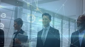 Business team walking in corridor starting network overlay around tablet phone boosting teamwork. Collaboration, connectivity, technology, corporate, teamwork, digital, professional - Powered by Shutterstock - Get 15% off with code: PIKWIZARD15