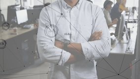 Camera panning up revealing tech manager with network graph converging around head showing strategy. Technology, analytics, digital, innovation, teamwork, professional, modern - Powered by Shutterstock - Get 15% off with code: PIKWIZARD15