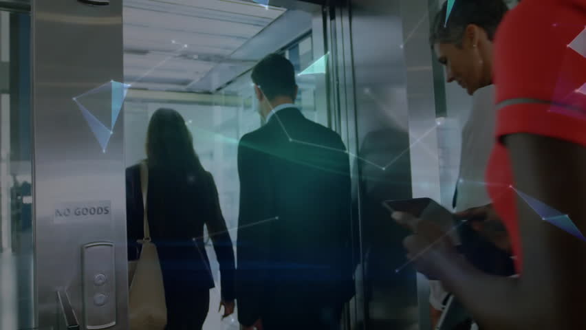 Corporate team stepping through NO GOODS sliding door activating shapes merging into globe. Collaboration, innovation, technology, digital, future, professional, executive