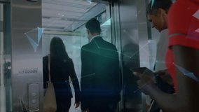 Corporate team stepping through NO GOODS sliding door activating shapes merging into globe. Collaboration, innovation, technology, digital, future, professional, executive - Powered by Shutterstock - Get 15% off with code: PIKWIZARD15