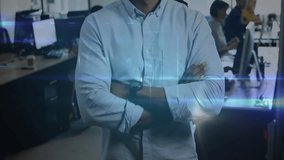 Office professional receiving holographic circle then network nodes linking for data sharing. Technology, collaboration, digital, innovation, teamwork, modern, connectivity - Powered by Shutterstock - Get 15% off with code: PIKWIZARD15