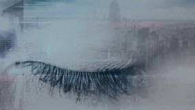 Macro closed eyelid initiating circuits while eye opening revealing glowing network against skyline. Technology, innovation, cybernetic, futurism, digitalart, science, connectivity - Powered by Shutterstock - Get 15% off with code: PIKWIZARD15