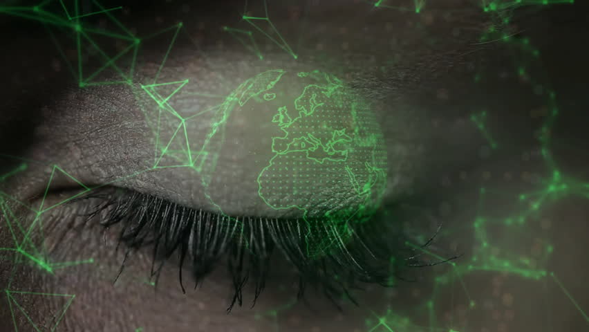 Female eyelid lifting after globe pulsing revealing mechanical iris scanning with HUD rings in tech. Futuristic, digital, interface, technology, ai, innovation, virtual