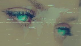 woman left eye glowing green on grid overlay waveform sweeping creating sphere for tech analysis. Futuristic, biometric, holographic, digital, analytical, science, innovation - Powered by Shutterstock - Get 15% off with code: PIKWIZARD15