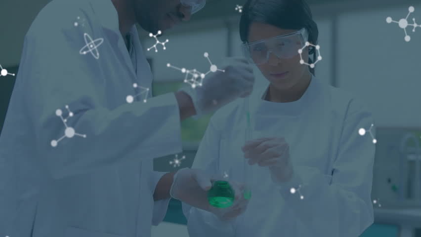 Scientists mixing reagents in chemical lab causing green to red color-shift with molecular overlay. Research, innovation, experiment, chemistry, precision, collaboration, science - Powered by Shutterstock - Get 15% off with code: PIKWIZARD15