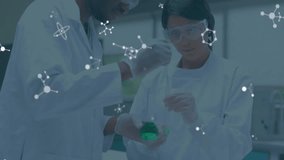 Scientists mixing reagents in chemical lab causing green to red color-shift with molecular overlay. Research, innovation, experiment, chemistry, precision, collaboration, science - Powered by Shutterstock - Get 15% off with code: PIKWIZARD15