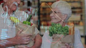 Camera holding senior couple in market aisle causing animated retail charts tracking nutrition data. Retirement, companionship, health, vitality, analytics, lifestyle, modern - Powered by Shutterstock - Get 15% off with code: PIKWIZARD15