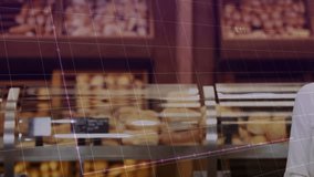 Woman raising credit card holding baguettes with grid bar-chart overlays visualizing payments. Retail, commerce, consumerism, shopping, lifestyle, digital, modern - Powered by Shutterstock - Get 15% off with code: PIKWIZARD15