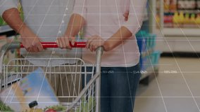 Walking retail aisle and halting at cart, couple viewing charts tracking spending, giving thumbs-up. Technology, finance, analytics, consumer, lifestyle, modern, business - Powered by Shutterstock - Get 15% off with code: PIKWIZARD15