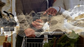 Two shoppers pausing cart using tech scanning produce for details on smartphone wave overlay fading. Technology, checkout, retail, digital, grocery, modern, interaction - Powered by Shutterstock - Get 15% off with code: PIKWIZARD15