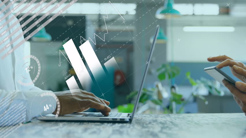 Fingers resting on keyboard and hands tapping smartphone causing charts animating to reveal data. Corporate, analytics, data, digital, professional, modern, workspace - Powered by Shutterstock - Get 15% off with code: PIKWIZARD15