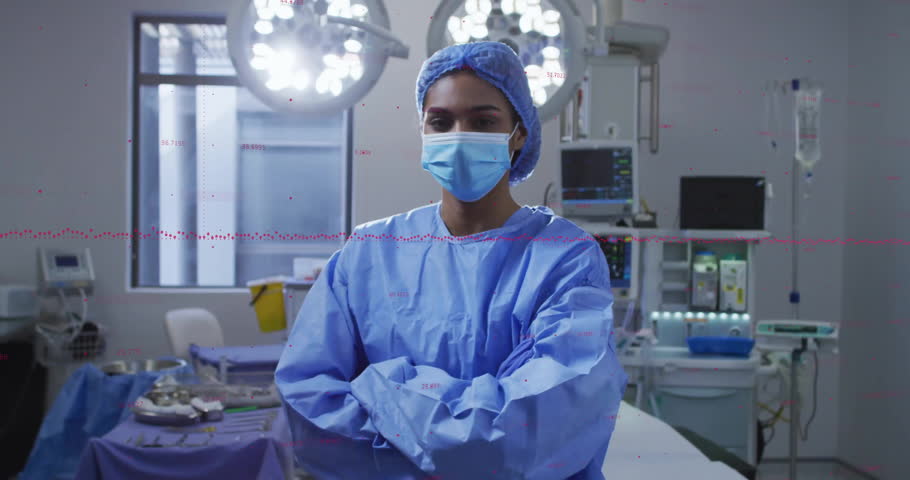 Female surgeon standing in OR, camera zooming for mask closeup, LED light pulsing, red glitch lines. Medical, healthcare, innovation, clinical, professional, precision, sterile
