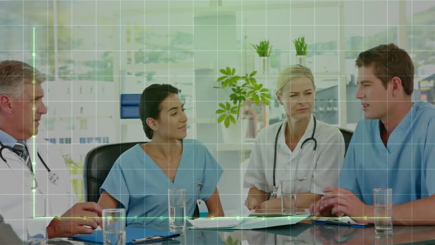 Medical team responding to animated line graph overlay and analyzing patient data during conference. Collaboration, analytics, healthcare, data, professionalism, modern, teamwork - Powered by Shutterstock - Get 15% off with code: PIKWIZARD15