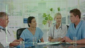 Medical team responding to animated line graph overlay and analyzing patient data during conference. Collaboration, analytics, healthcare, data, professionalism, modern, teamwork - Powered by Shutterstock - Get 15% off with code: PIKWIZARD15