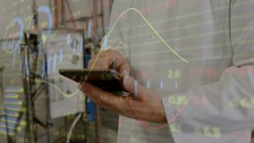 Lab technician tapping phone and monitoring metrics with animated charts drifting over piping. Technology, data, analytics, industrial, innovation, precision, futurism - Powered by Shutterstock - Get 15% off with code: PIKWIZARD15