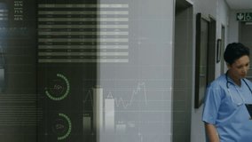 Medical duo entering corridor pausing and reviewing patient metrics on tablet with hologram charts. Healthcare, collaboration, technology, analytics, professionalism, hospital, innovation - Powered by Shutterstock - Get 15% off with code: PIKWIZARD15