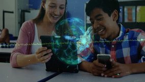 Teen girl tapping tablet and boy tilting phone in school creating hologram for collaboration. Teenagers, technology, innovation, education, collaboration, digital, futuristic - Powered by Shutterstock - Get 15% off with code: PIKWIZARD15