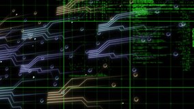 At scene opening clock face appearing over neon grid pulsing paths streaming code showing data flow. Futuristic, technology, digital, cyberpunk, interface, animation, immersive - Powered by Shutterstock - Get 15% off with code: PIKWIZARD15
