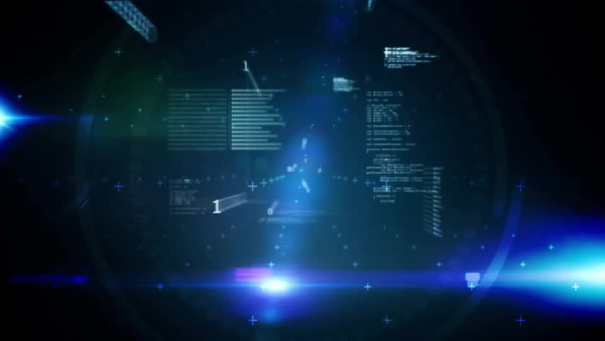 Blue light activating scanning beam, code streams animating over purple world map visualizing flow. Holographic, futuristic, digital, data, cyber, technology, interface