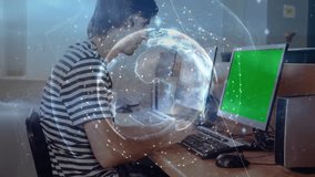 Man sitting at desk forming hologram while typing commands and analyzing rotating network data. Technology, data visualization, futuristic, digital interface, innovation, connectivity, smart workspace - Powered by Shutterstock - Get 15% off with code: PIKWIZARD15