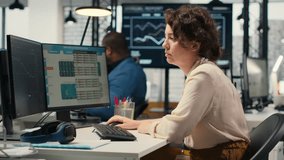 Stressed woman advisor looks at stock crash trends market fall and worrying about a financial crisis. Businesswoman under pressure due to cryptocurrency price drop, inflation. Camera B. - Powered by Shutterstock - Get 15% off with code: PIKWIZARD15