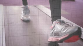 Stepping onto moving treadmill belt, runner's feet pushing belt, red graph showing metric drop. Athletic, fitness, motion, digital, performance, dynamic, sport - Powered by Shutterstock - Get 15% off with code: PIKWIZARD15