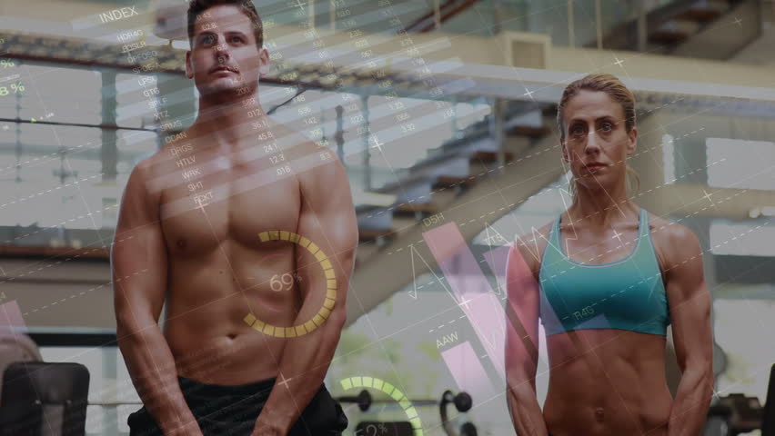 On gym session start partners performing upright kettlebell rows with animated charts tracking reps. Strength, endurance, fitness, training, biometric, motion, progress - Powered by Shutterstock - Get 15% off with code: PIKWIZARD15